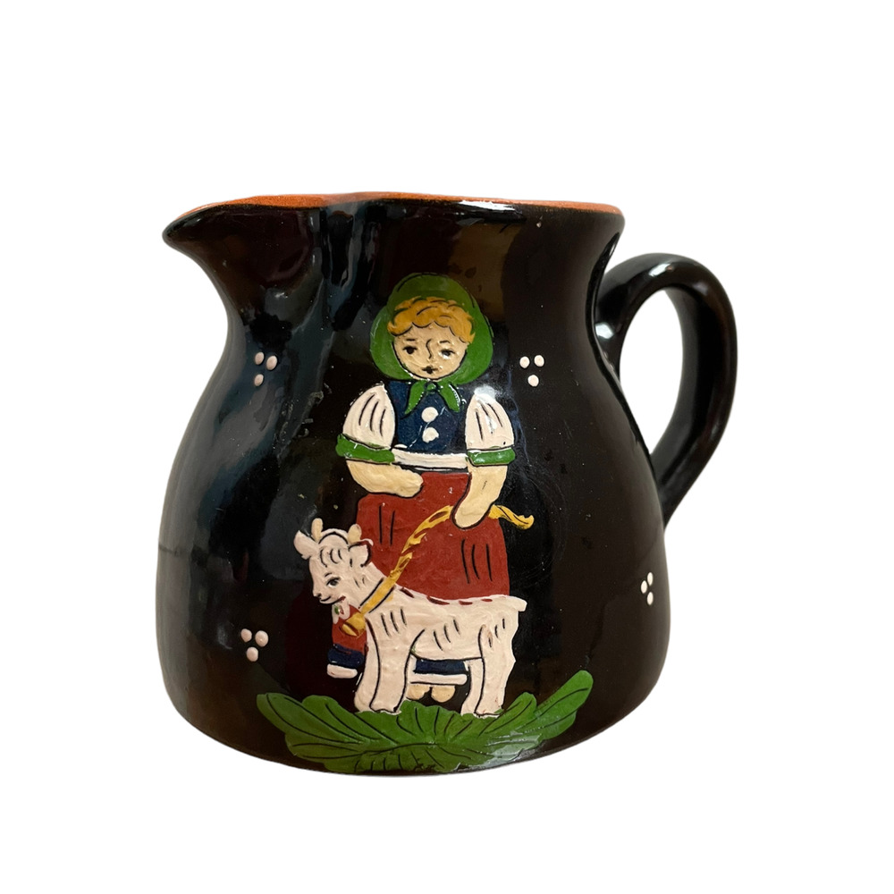 Vintage Swiss Pottery Ceramic Creamer Pitcher Girl Goat Herder